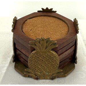 Vintage Pineapple-Themed Brass & Wood Coaster Set With Holder (Candle not includ